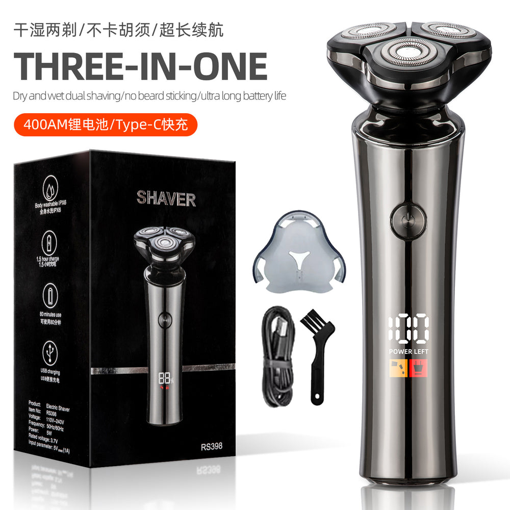 new men's electric shaver, rechargeable, full body washable, rotary shaving head with triple blades