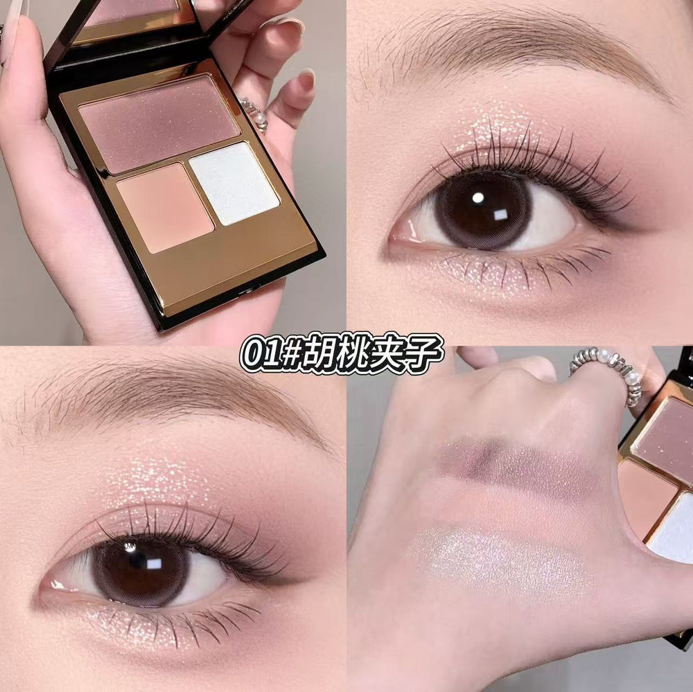 Kakashow aurora shimmer tri-color eyeshadow palette - matte, shimmer, and fine glitter - everyday versatile earth tones