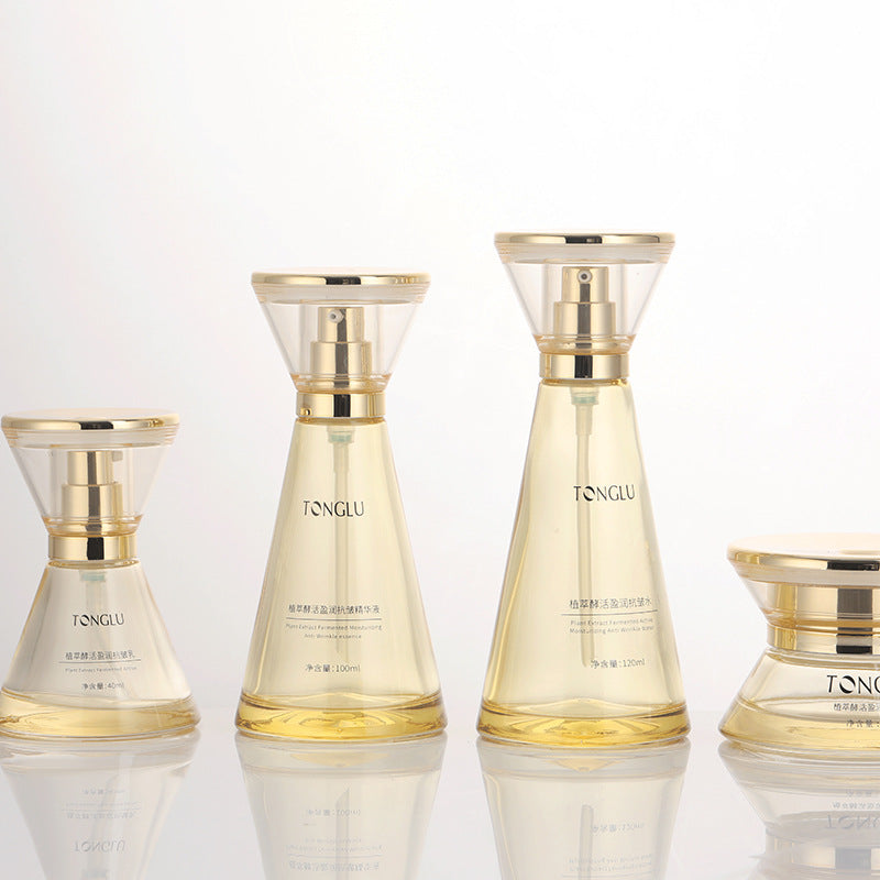 Ready-to-ship cosmetic glass bottle set packaging, including 120ml lotion and serum decanting bottles, and 50g skincare cream empty jars