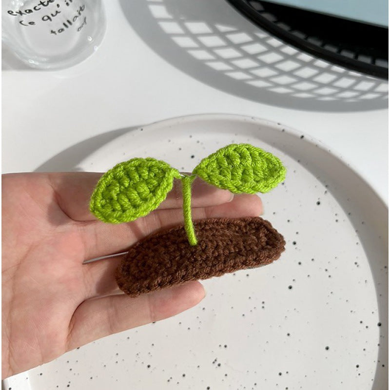 Wholesale mini grass bean sprout green leaf hair clips - knitted yarn 3d cute creative bangs funny hair clips bb clips for women