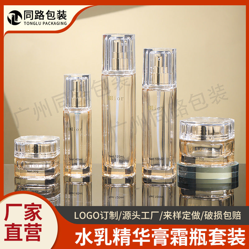 Ready-to-ship skincare glass bottle packaging: 40ml thick-bottomed essential oil bottles, pump lotion and serum dispensing bottles, and 30ml cream jars