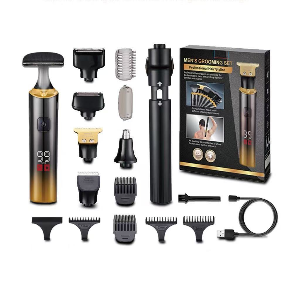 Men's electric personal groomer with long handle - 5-in-1 multifunctional trimmer for back, nose, and body hair