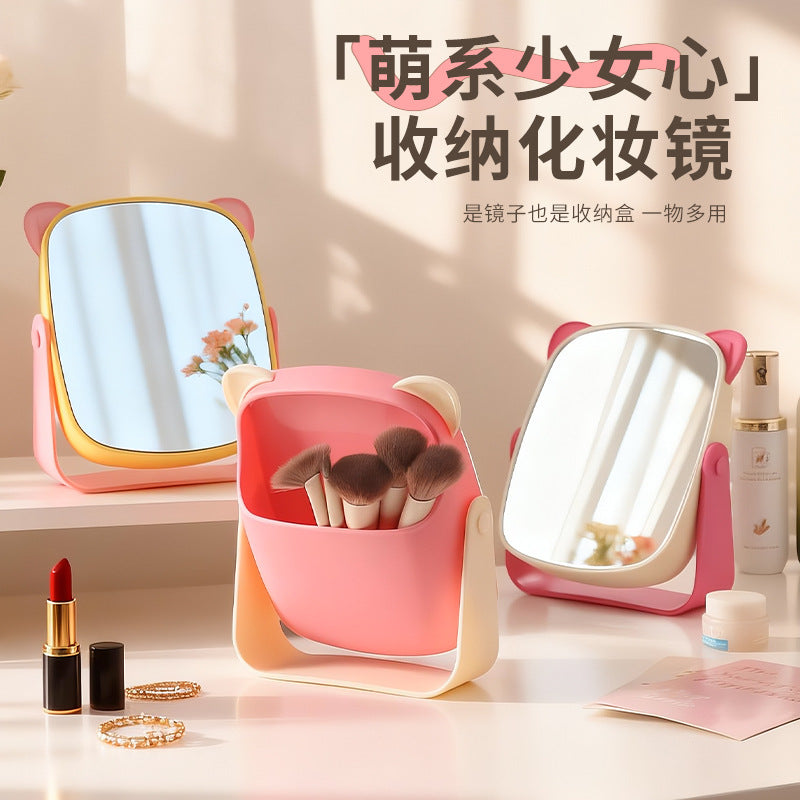 Desktop makeup mirror plastic storage box all-in-onefor home bear hug girls dormitory desktop dressing mirror home mirror
