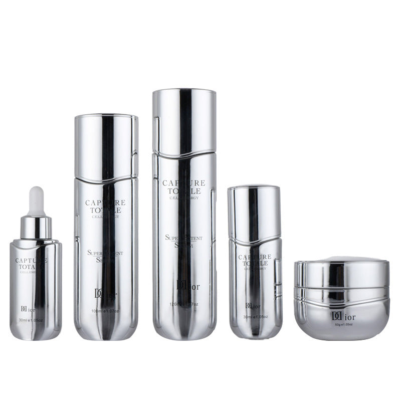 New electroplated silver glass bottle - press-type essential oil bottle, lotion bottle, 120ml/50g cream jar, cosmetic packaging material