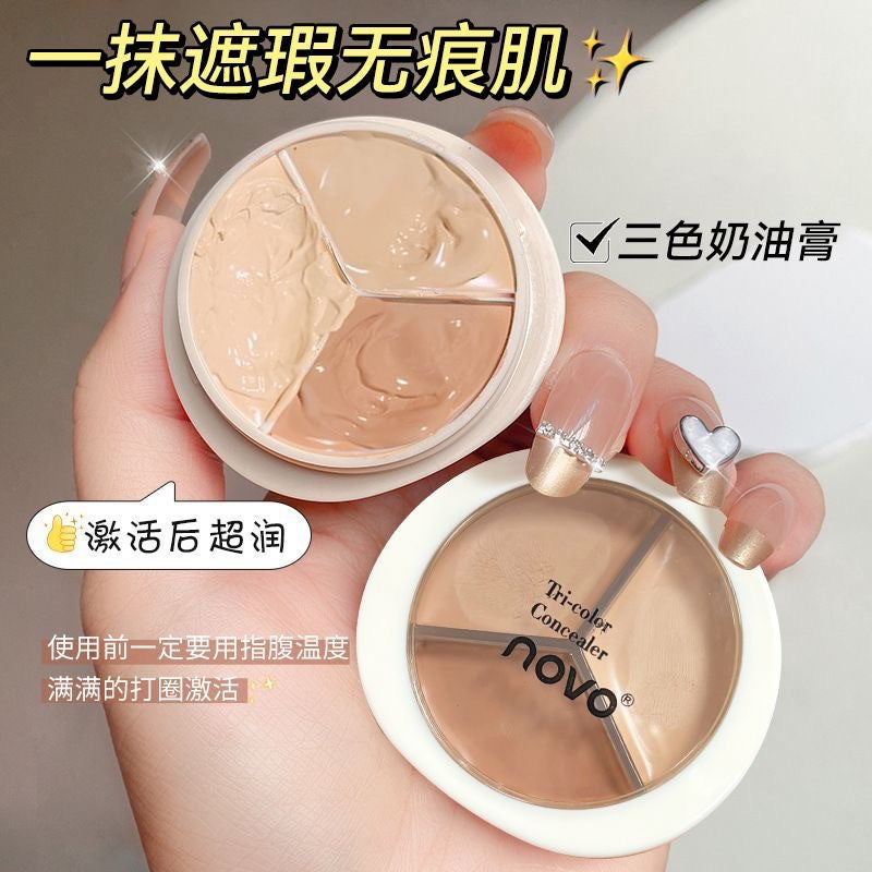 Novo lightweight & hydrating tri-color concealer palette - moisturizing, non-caking, covers blemishes, dark spots, and tear troughs