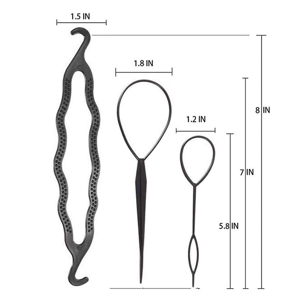 Bun maker hair styling tool set - includes fishbone wave braider, pointed tail comb, and hair volumizing accessories