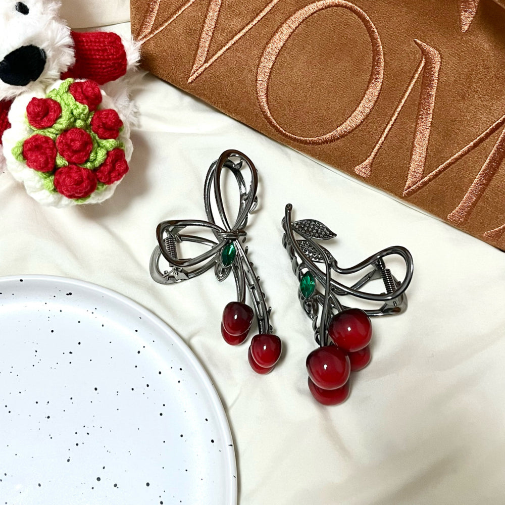 Korean sweet cherry bow hair claw clip - fresh & chic hair styling clip - minimalist & elegant hair accessories for women