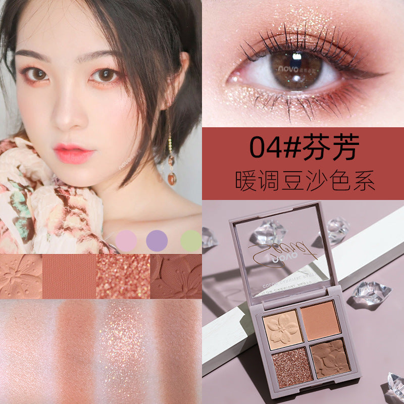 Novo sakura story eyeshadow palette - 4 colors, perfect for beginners, everyday light makeup, shimmer & matte, earth tones