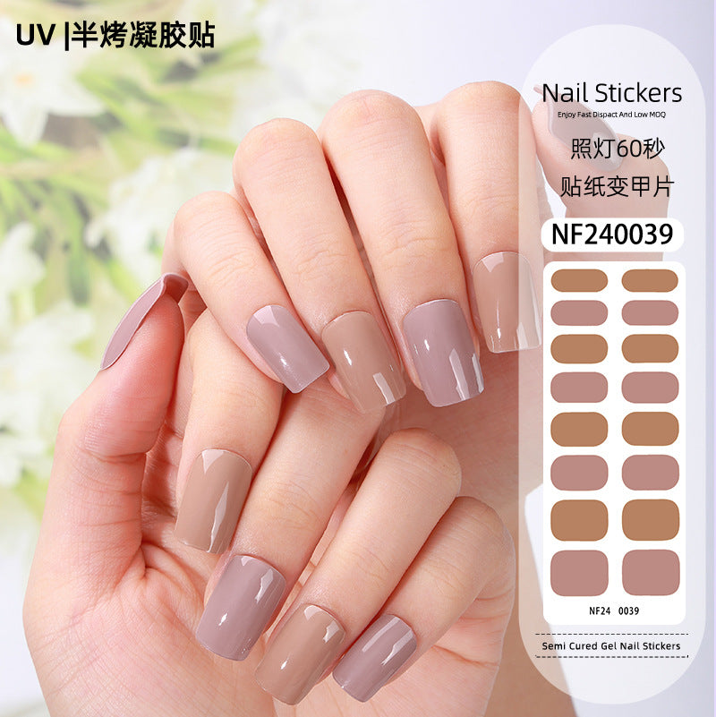 Zhengxiang custom gel nail stickers - solid color glitter, korean style uv light semi-cured nail stickers, waterproof, cross-border wholesale