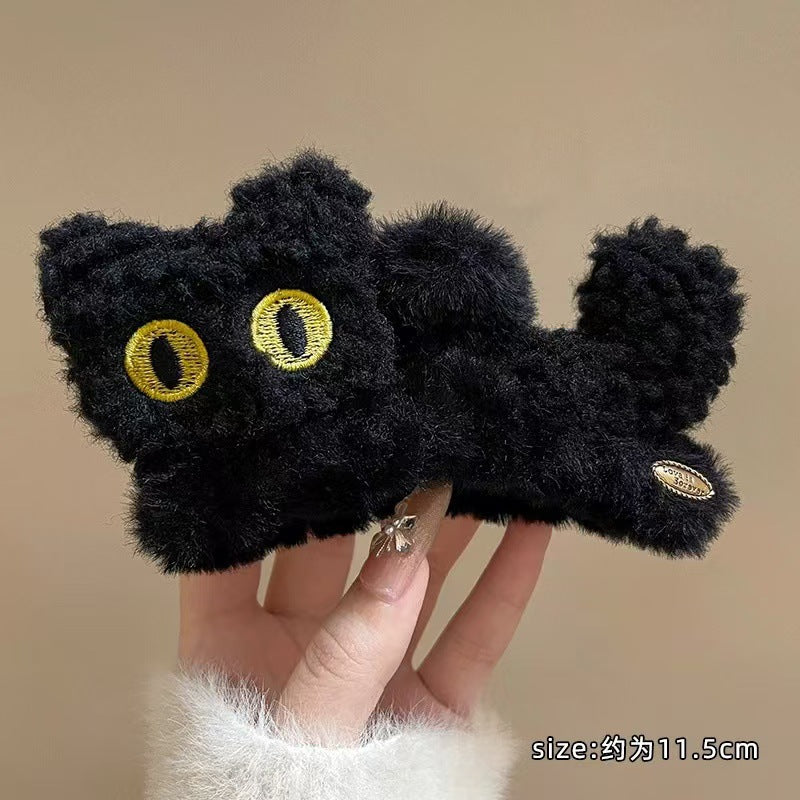 Cartoon cute black cat hairpin stuffed gripper female large fall and winterelegant back shark clip headwear