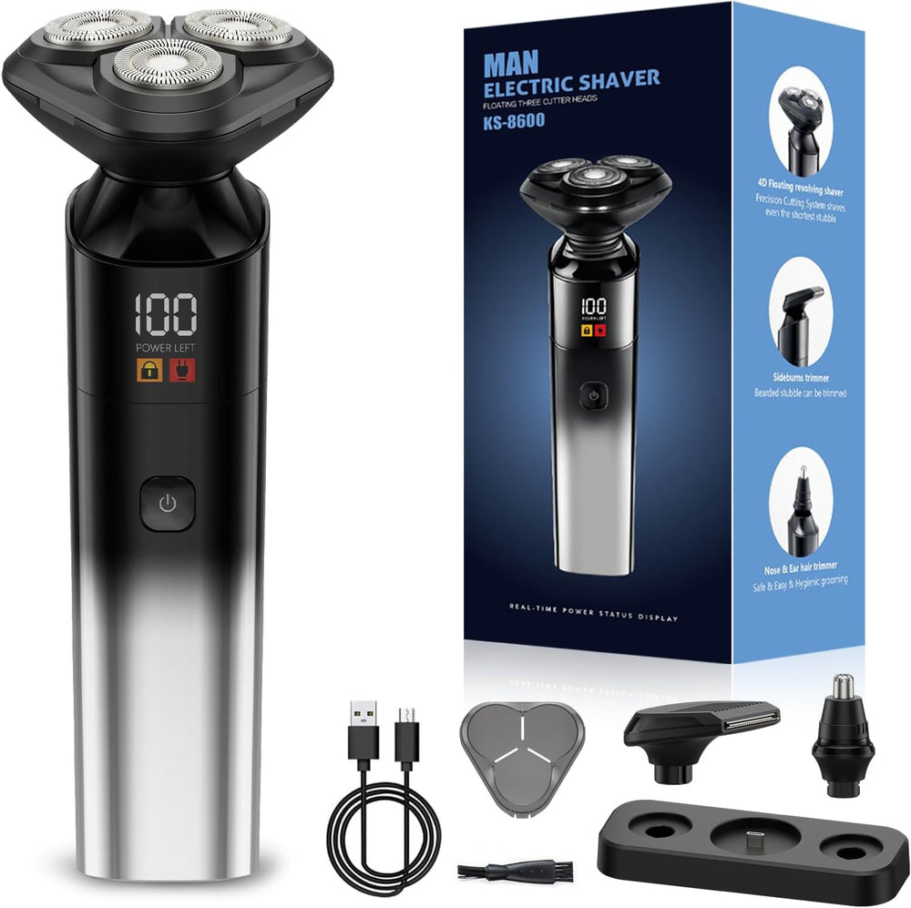 new men's electric shaver, rechargeable, full body washable, rotary shaving head with triple blades