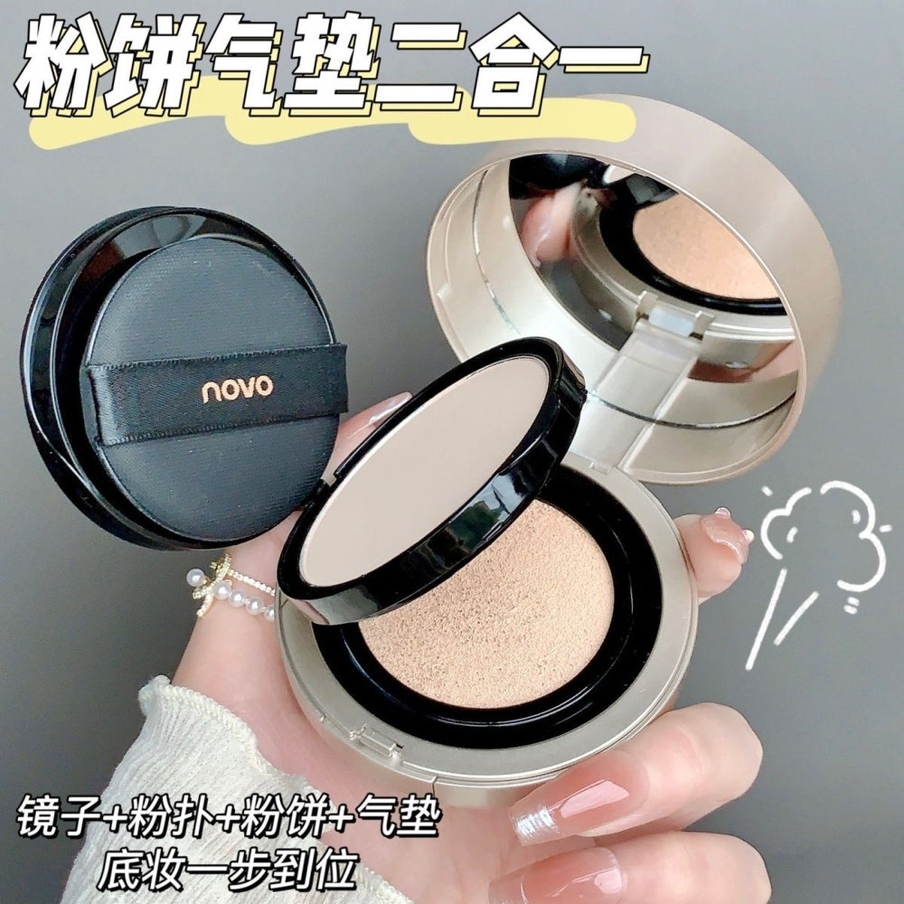 Novo double layer cushion foundation 2-in-1: hydrating, moisturizing, concealing, setting, long-lasting, waterproof, and smudge-proof foundation