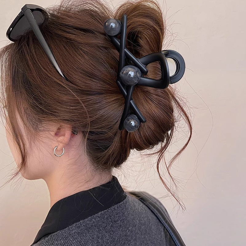 Korean style elegant beaded hair clip - vintage coffee brown, high-end back of head claw clip, chic shark clip hair accessory