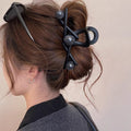 Korean style elegant beaded hair clip - vintage coffee brown, high-end back of head claw clip, chic shark clip hair accessory