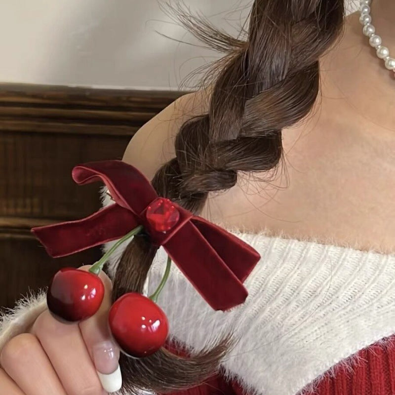 Artificial cherry velvet bow hair clip cute new versatile sweet rhinestone elegant side girl bangs clip