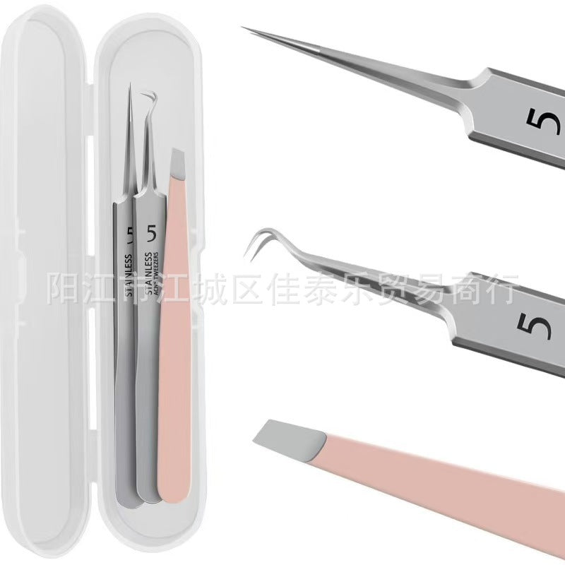 stainless steel oblique eyebrow clip super sharp cell clip straight clip hook clip three-piece set acne needle beauty set