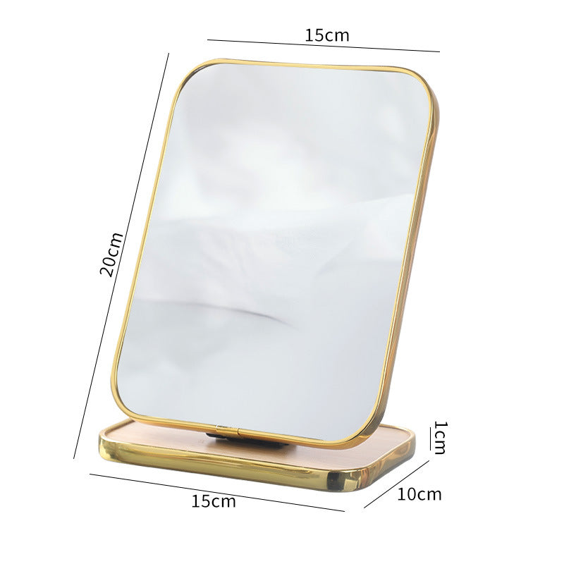 Wooden makeup mirror with metal trim - foldable, desktop, portable, home beauty, touch-up, princess style, household mirror
