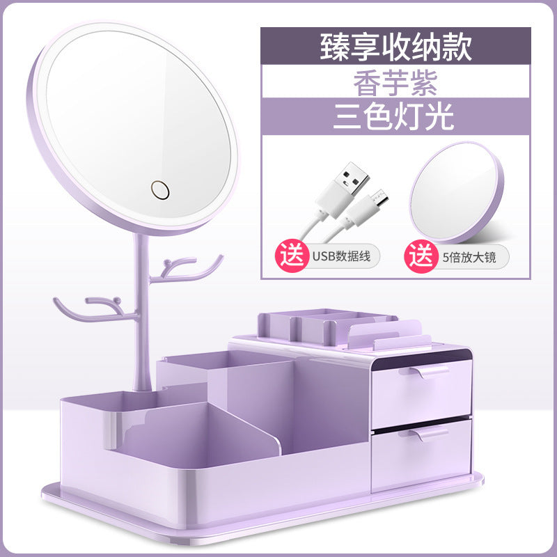 Led lighted makeup mirror, tri-color dimming, usb rechargeable, rotatable storage, girly plastic home glass mirror