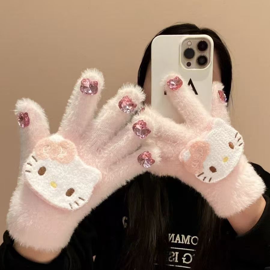 New cartoon cat diamond yarn gloves - windproof, cold-proof, warm kids' gloves - matching family plush knit finger gloves