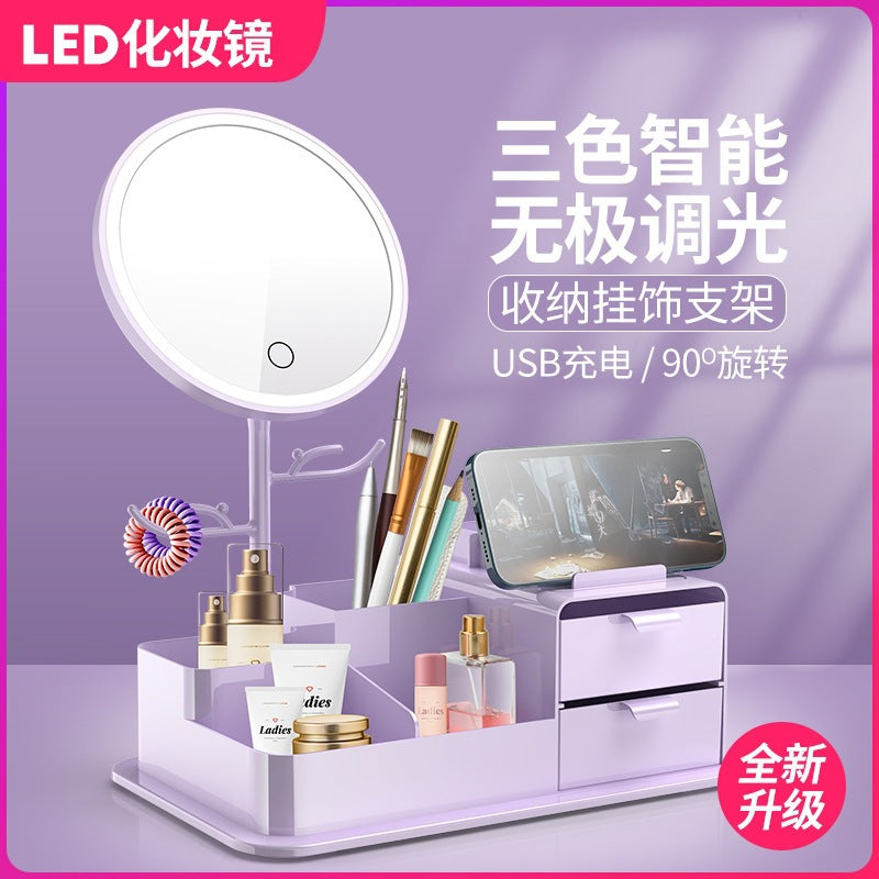 Led lighted makeup mirror, tri-color dimming, usb rechargeable, rotatable storage, girly plastic home glass mirror