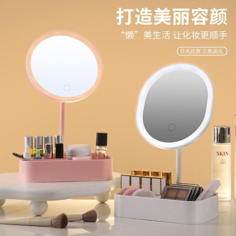 Led storage makeup mirror - smart dimming, home use, lighted plastic desktop vanity mirror, illuminated glass mirror