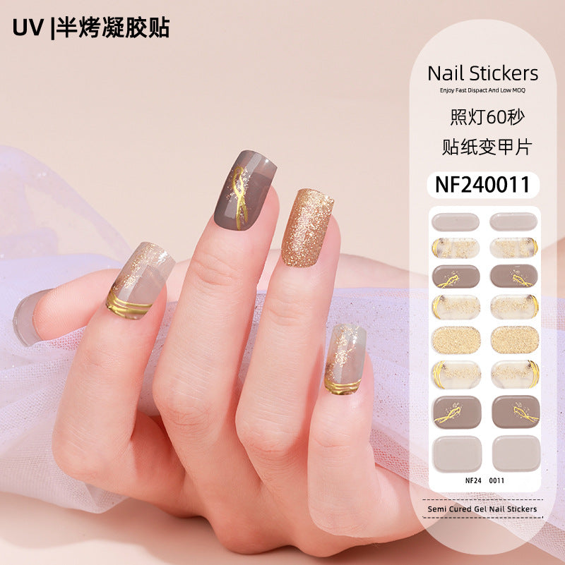 Zhengxiang custom gel nail art stickers french bronzing uv phototherapy semi-cured nail stickers ice transparent nail art stickers wholesale
