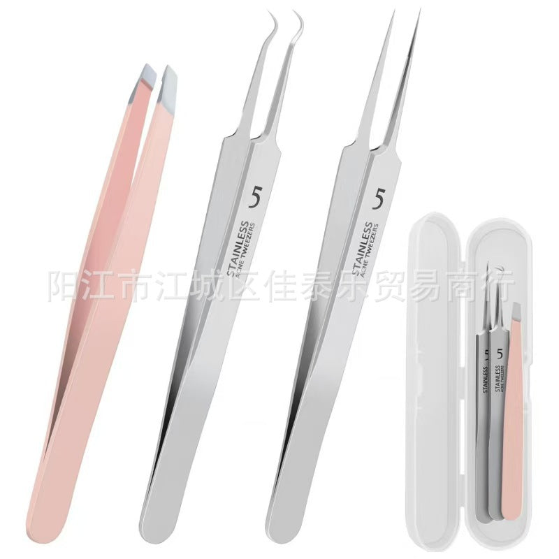 stainless steel oblique eyebrow clip super sharp cell clip straight clip hook clip three-piece set acne needle beauty set