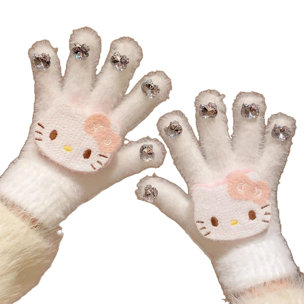 New cartoon cat diamond yarn gloves - windproof, cold-proof, warm kids' gloves - matching family plush knit finger gloves