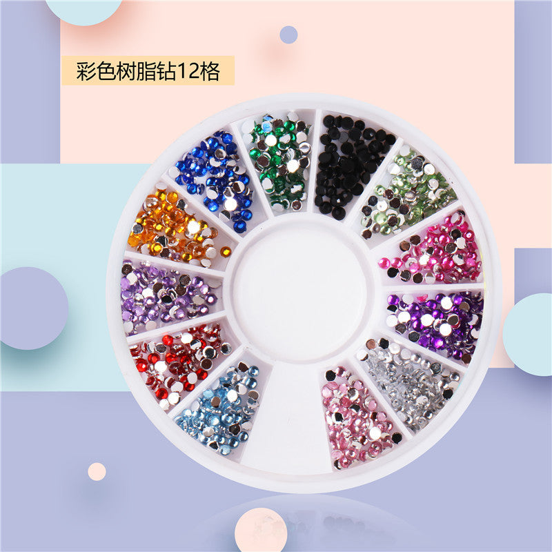 Nail art accessories 12-compartment box set: round disc charms, rhinestones, colored diamonds, pearls, hotfix rhinestones, flatback silver rhinestones - wholesale