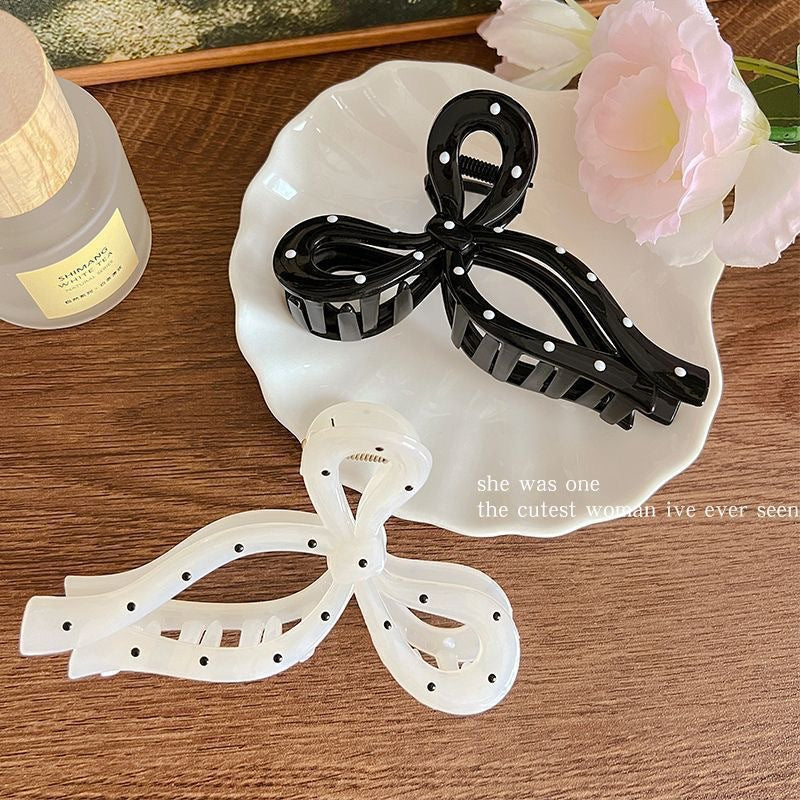 New arrival black and white polka dot ribbon bows large gripper sweetfashion back head plate shark clip fashion gripper
