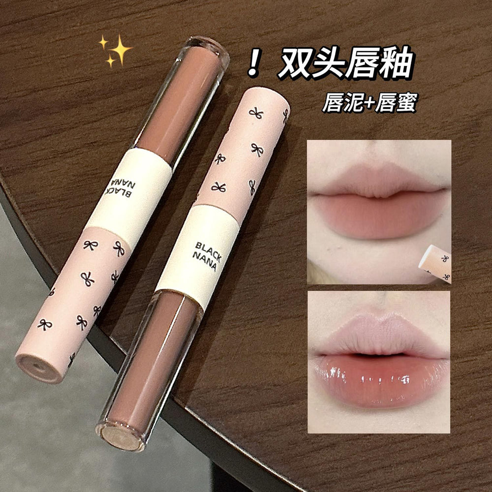 Black nana double-ended lip glaze - pink dew, instant brightening, watery gloss, mirror finish, velvet matte, and creamy lip clay