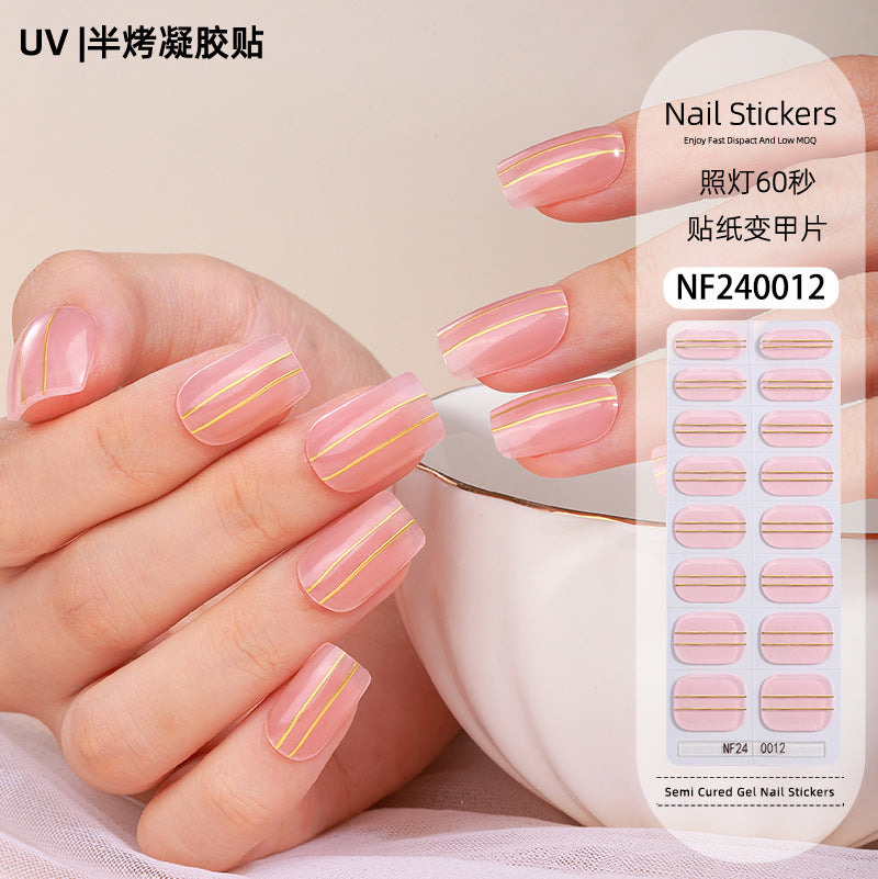 Zhengxiang custom gel nail art stickers french bronzing uv phototherapy semi-cured nail stickers ice transparent nail art stickers wholesale