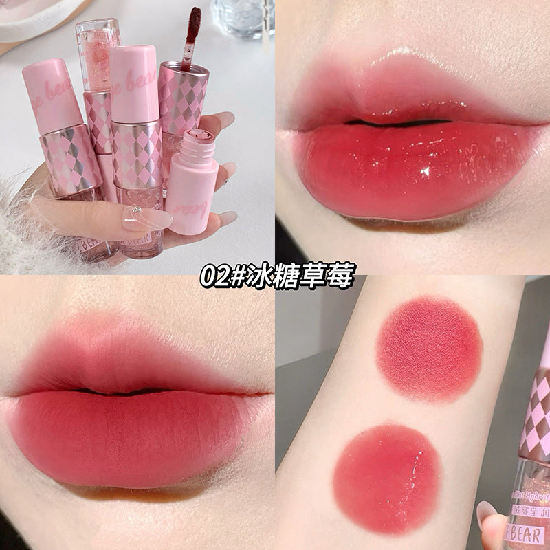 Gege bear velvet mist double-ended lip glaze - matte, shimmer, and glossy lipstick for a flawless, brightening finish