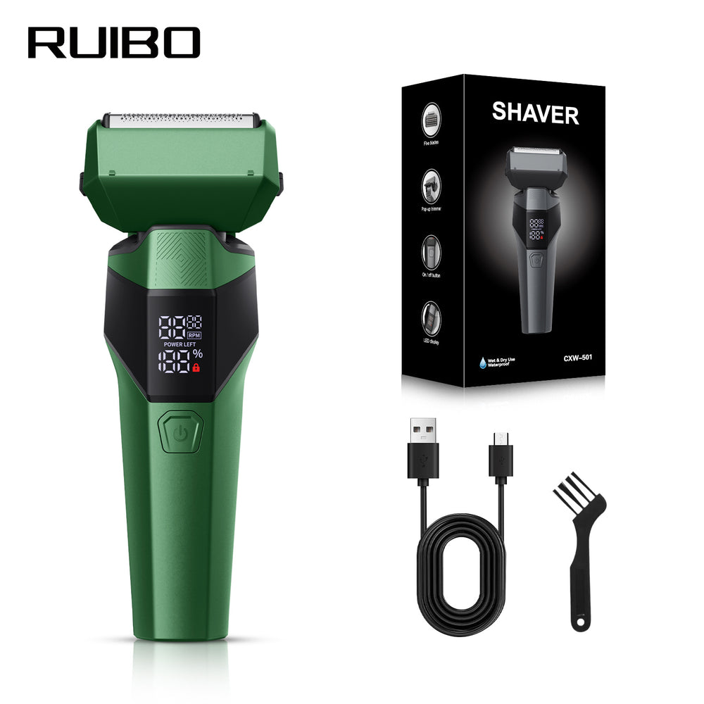 Two-speed electric beard trimmer, fully washable shaver, reciprocating five-blade head, high-power razor for a super clean shave