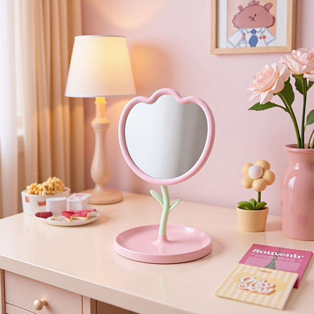 Tulip makeup mirror - desktop/standable mirror with jewelry storage - perfect for dorms, plastic home mirror, vanity mirror
