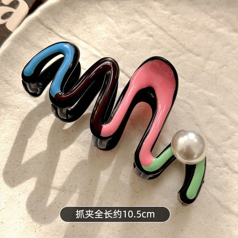 Red and blue contrast color hair clip shark clip hair clip for women's back of head wavy pearl classy clip hair accessories