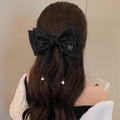 Korean style premium double-layer bow back-of-head spring clip ribbon pearl hair clip women's elegant hair accessory