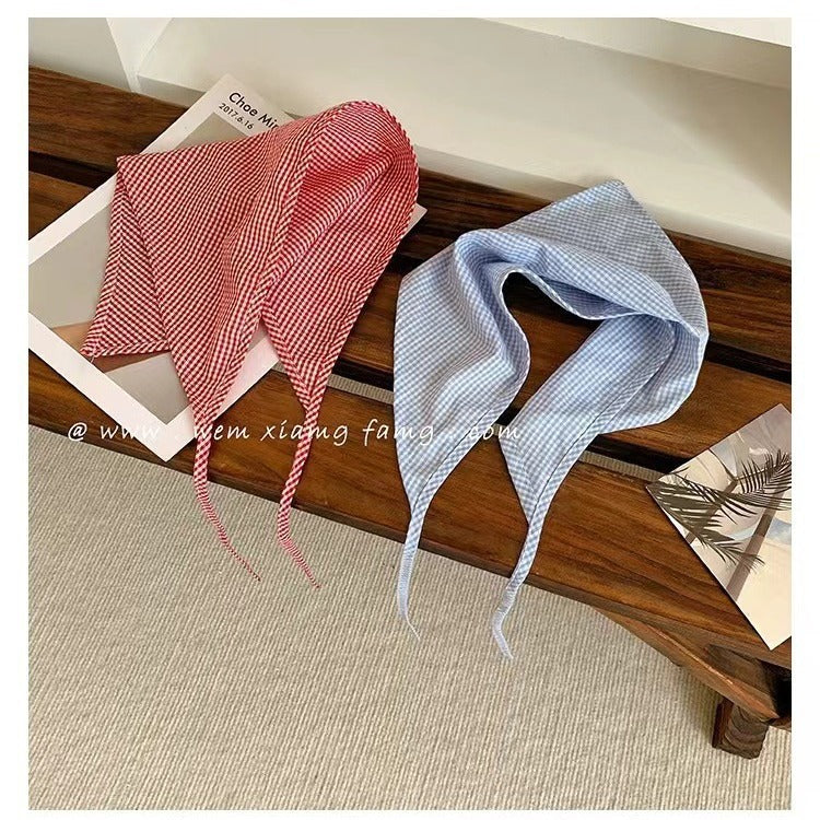 French-style blue plaid bandana, triangle scarf, head wrap for girls, hair tie, women's trendy spring/autumn decorative plaid headband