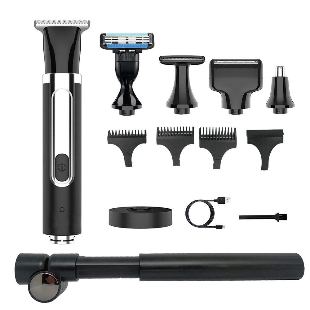 4-in-1 men's grooming kit: back shaver, folding telescopic pole, hair trimmer, razor, and nose hair trimmer