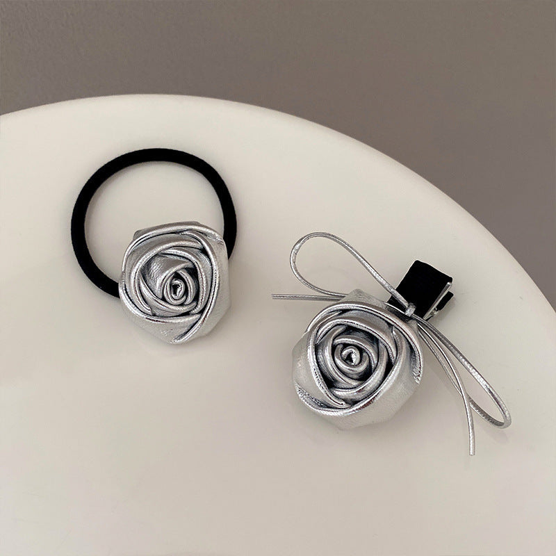 Casual leather rose flower hairpin k-style flower hair tie high ponytail hair rope side broken hair hairpin female headwear