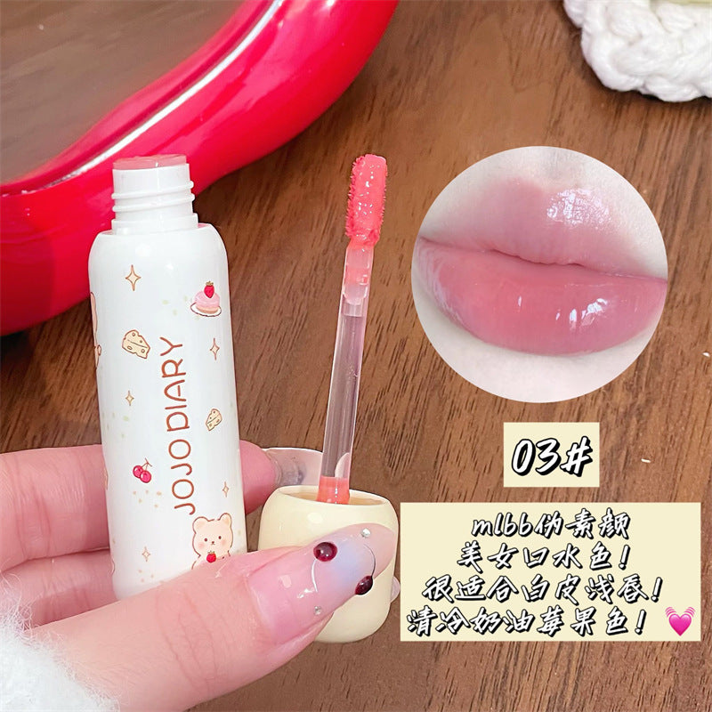 Jojo diary puff bear lip glaze clear watery glossy lips low saturation white student party lip gloss