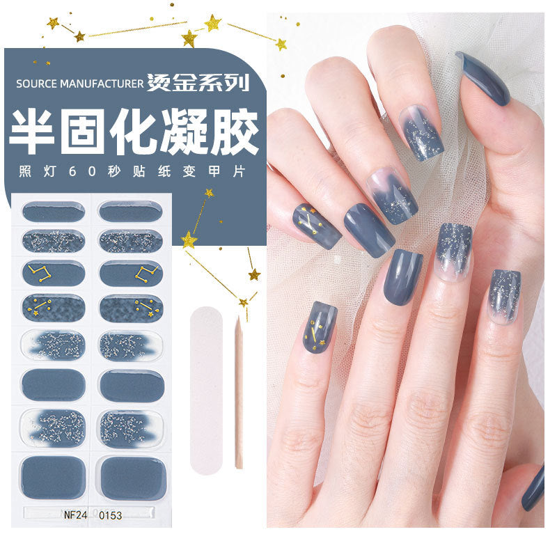 Zhengxiang customized gel manicure stickers ins ice transparent hot stamping cross-border uv lamp hardening semi-baked nail stickers amazon