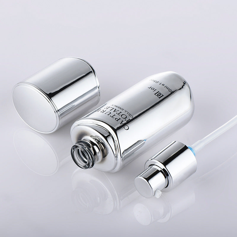 New electroplated silver glass bottle - press-type essential oil bottle, lotion bottle, 120ml/50g cream jar, cosmetic packaging material