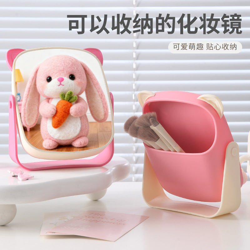 Desktop makeup mirror plastic storage box all-in-onefor home bear hug girls dormitory desktop dressing mirror home mirror