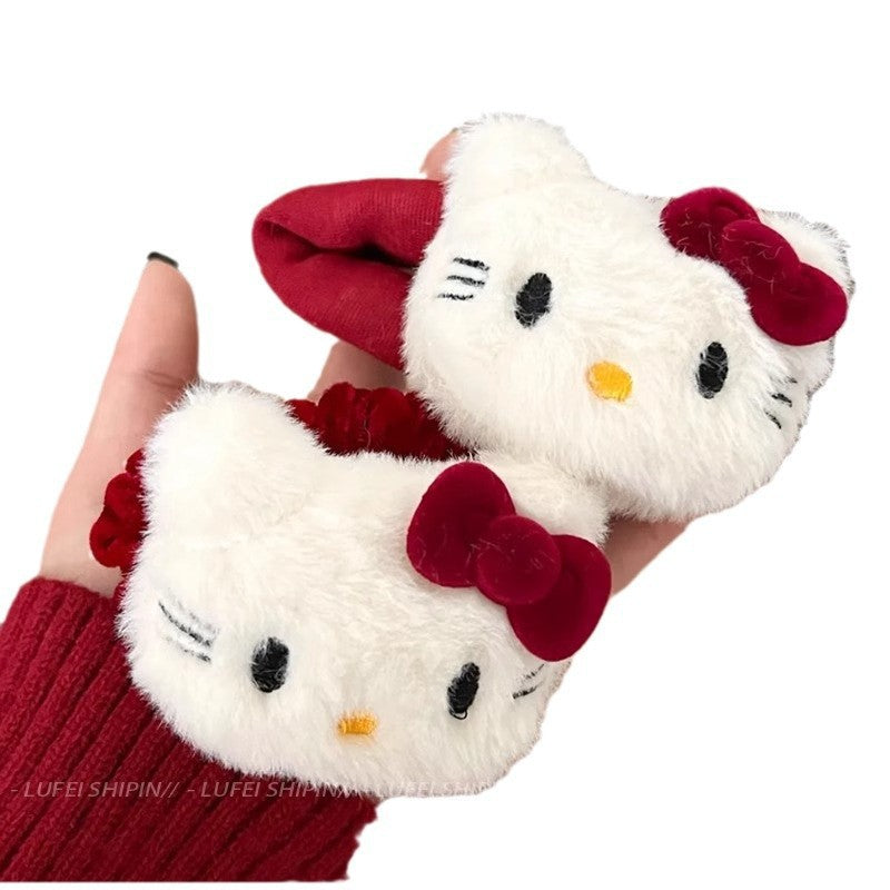 Cute plush kitty hair clip angora red bow hair tie bangs clip cartoon bb clip hair accessories for women