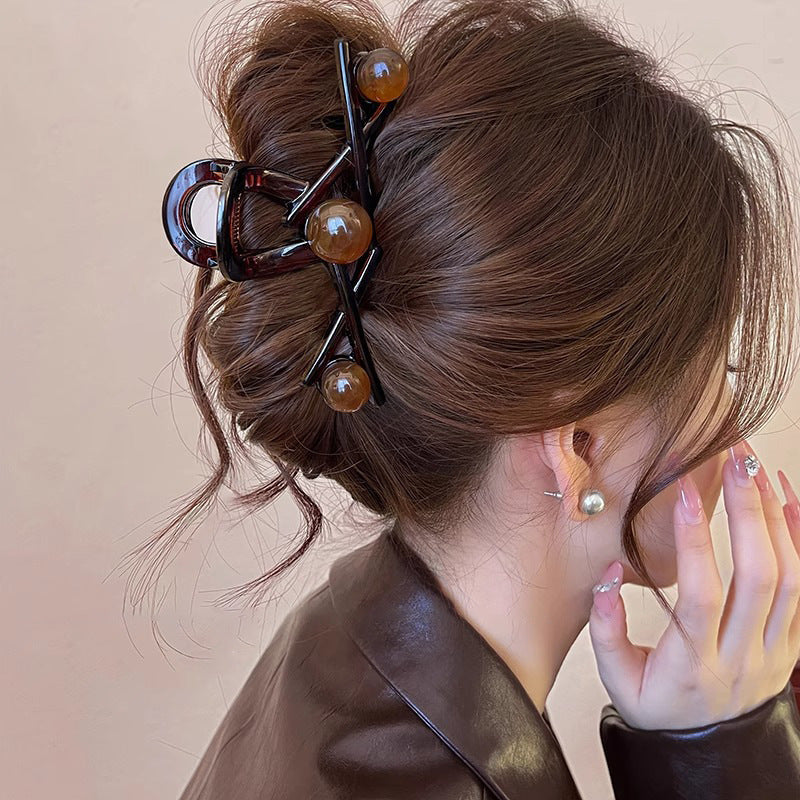Korean style elegant beaded hair clip - vintage coffee brown, high-end back of head claw clip, chic shark clip hair accessory