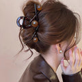 Korean style elegant beaded hair clip - vintage coffee brown, high-end back of head claw clip, chic shark clip hair accessory