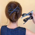 Korean minimalist denim bow claw clip for women, 2025 new style, back of head updo, high-end hair clip, shark clip hair accessory