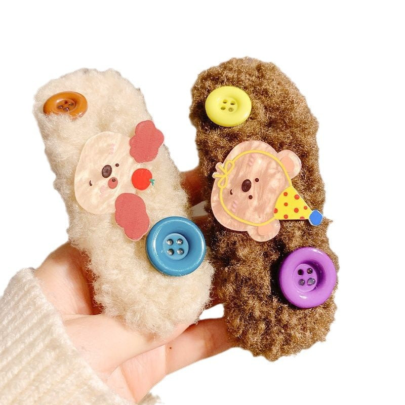 Cute plush button brown bear hair clip - girly heart bangs side clip - cartoon snap hair clip - hair accessories