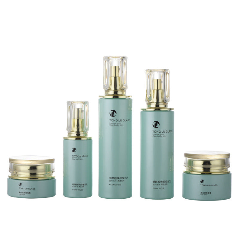 Factory direct cosmetics glass bottle set packaging: 120ml lotion & essential oil sample bottles, 30g cream & balm empty jars